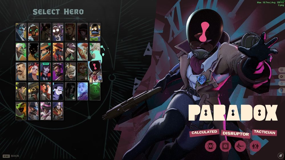 Deadlock's character selection screen with Paradox as a selected character.