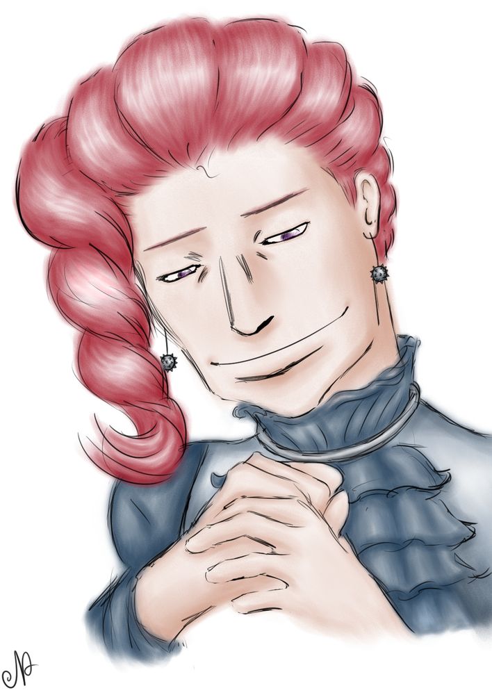 Colour scribble of my JJBA alternate universe original character Kakyoin Hikaru, daughter of Kakyoin Tenmei. Hikaru is a young Japanese woman with bright pinkish-red hair styled in a quiff at the top, with a large, coiled hair noodle on the right side of her face, and tied at the back into a long plait. Like her father, her eyes have a purplish hue and she has an unusually wide mouth. Unlike her father, her earrings are in the shape of spiked maces rather than cherries. She wears a fancy darkish blue ruffle shirt with a high, loose ruffle and silver band at the neck, accompanied by a silver waistcoat. Hikaru's right hand is balled into a fist, which she gently grasps with her left hand as she thinks to herself, while gazing down to her left with a calm smile, how nice it would be to fight somebody.