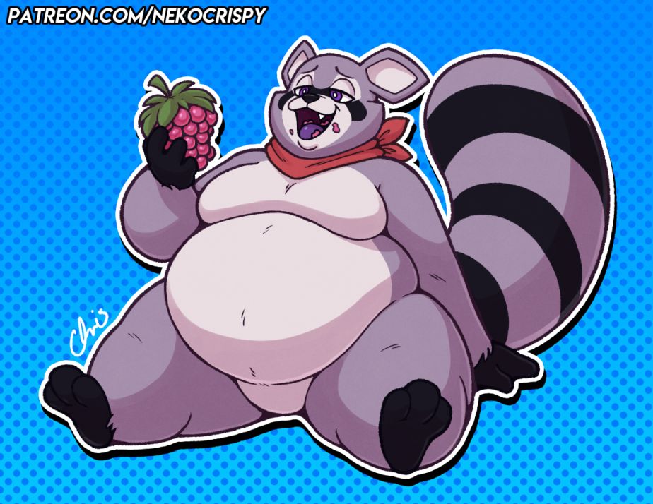 Rambley Raccoon from Indigo Park. Sitting eating a ramble berry while having a huge tummy with a satisfied look on his face