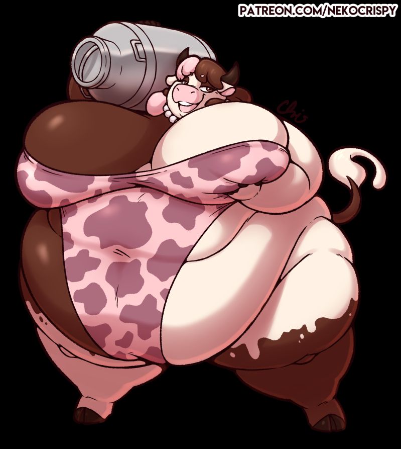 Drawing | fatfur | furry art | pinup
A huge anthro cow, named ChcoVanilla, holding up a milk churn and hefting up one of her breast. She's wearing a pink leotard with a cow pattern on it.