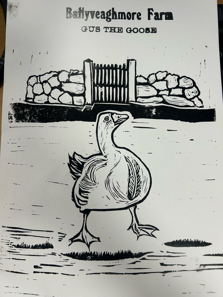 Print of a goose in front of a stone wall and gate