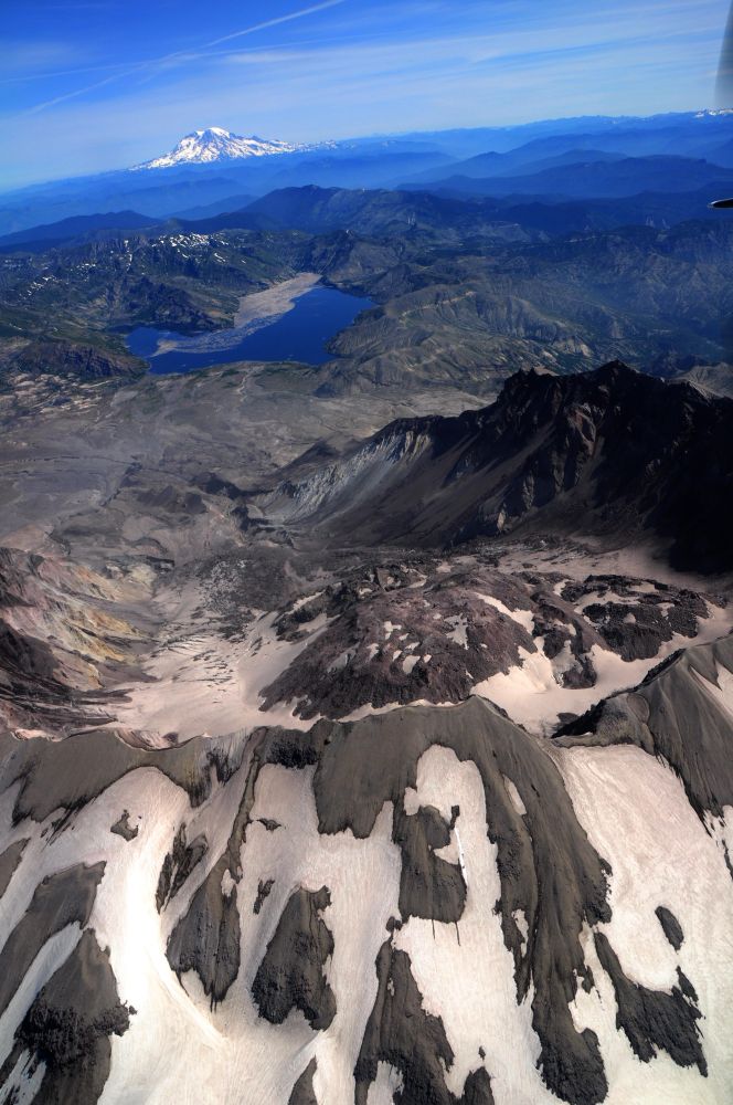 Mt St Helens with Spirit Lake and Mt Rainier in the background 