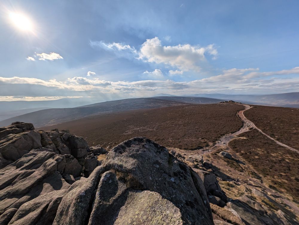 View west from the summit of Clachnaben. Smoke in the air caused by muriburn. For non-Scot muriburn = environmently vandalism by grouse moor owning twats. 