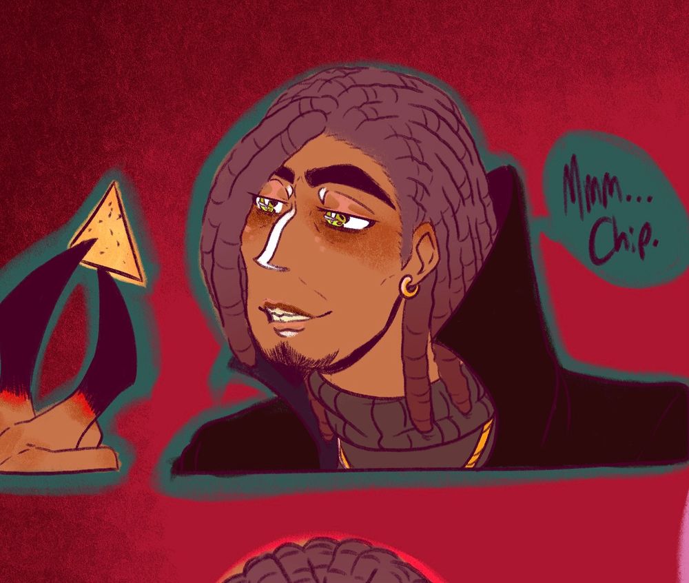 Closeup of thrax examining a chip and saying “Mmm Chip”