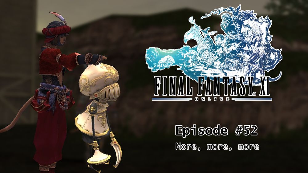 A catgirl in red clothing pointing offscreen, with a white and gold metallic automaton to her side.  The Final Fantasy 14 logo and the text "Episode #52: More, more, more" are to the right.