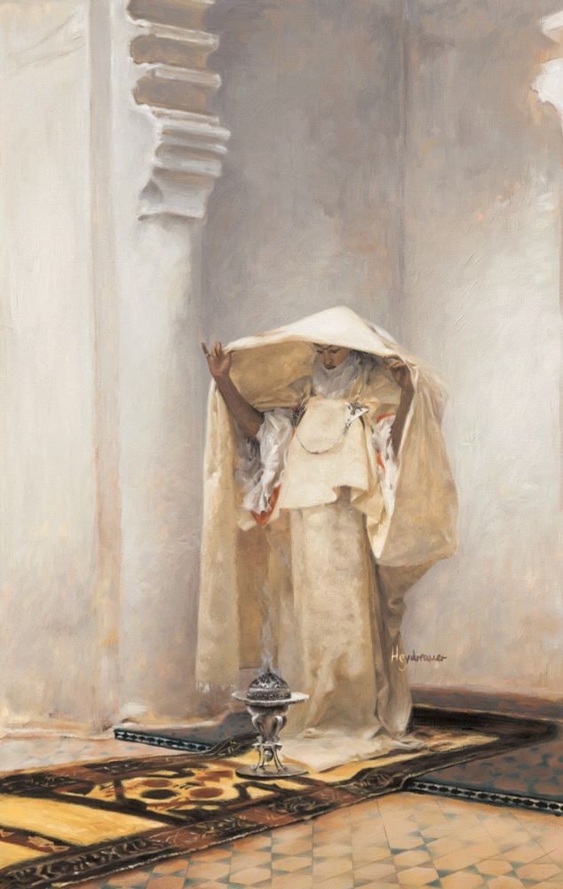 Digital recreation of John Singer Sargent's Fumée d'ambre gris. A woman holds part of her light yellow robe over a silver censer to capture the incense smoke.
