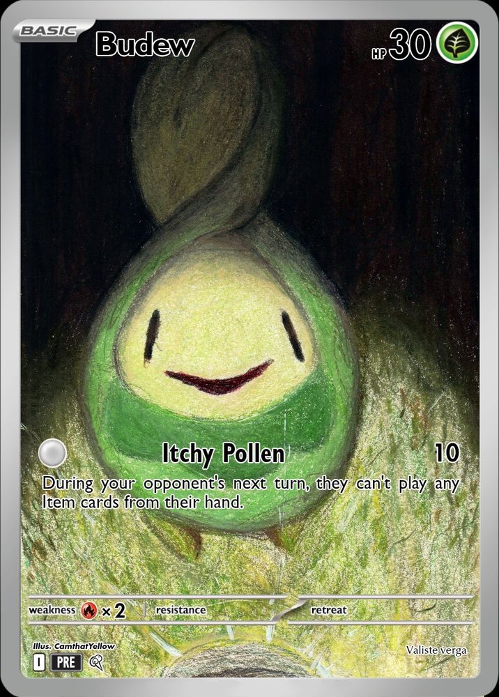 The pokemon budew in the woods being illuminated with a flashlight 