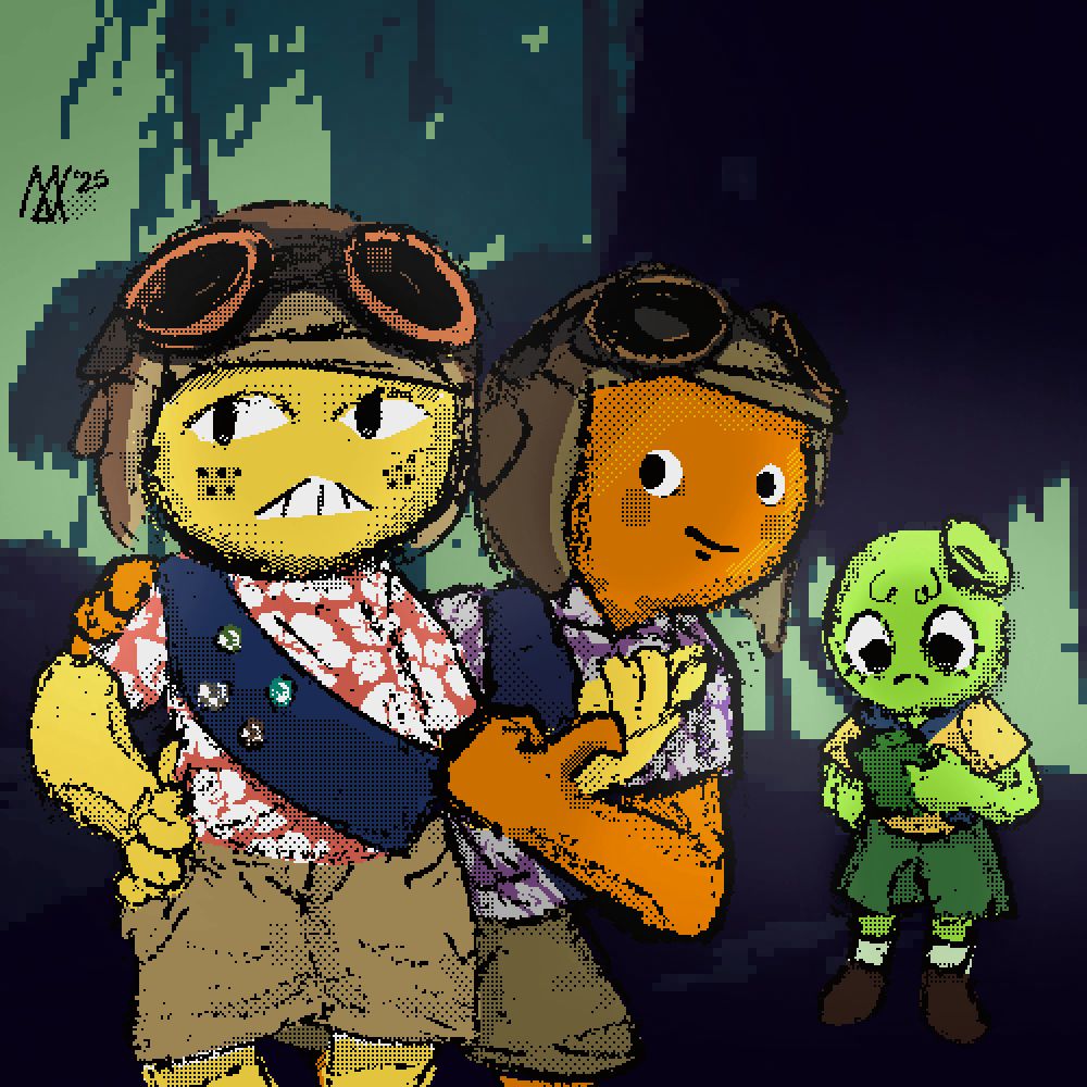 Fanart for the game "Peak"

3 Characters stood left to right in this order: Yellow, orange, and then green. Green is further in the background reading a manual. The other two are pointing at them.