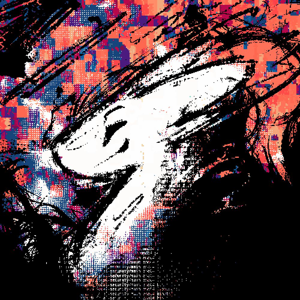 A glitchy, low res headshot portait of my fursona, Minnow