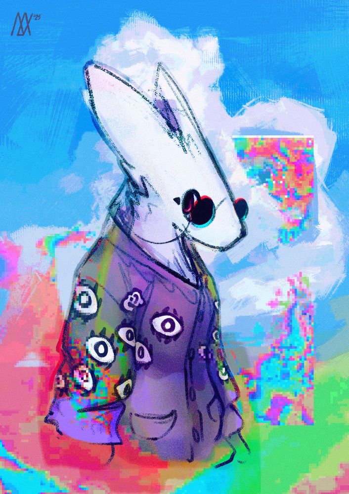 A portrait of an anthro feathered creature, wearing a sweater with eyes all over it, a pair of round chromatically aberrated sunglasses. Standing in front of a large cloud which has been corrupted with various pixelated blocks of colors.
