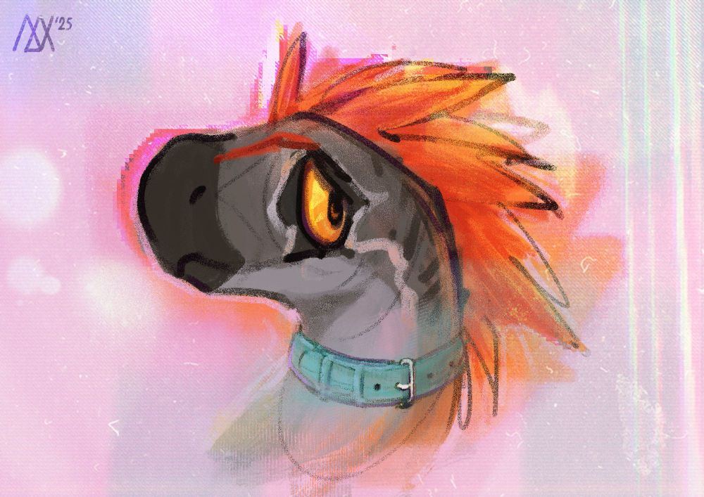 A raptor with bright reddish orange feathers and big yellow eyes, nervously looking at the viewer as he wears a teal collar.