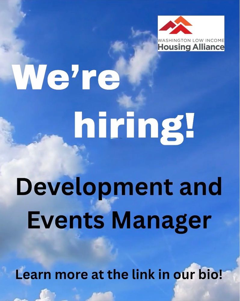 A photo announcing a job opening at the Housing Alliance, with the words “We’re hiring” set against a background of blue sky and white clouds.