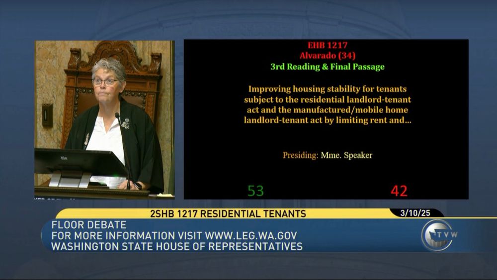 Speaker Laurie Jinkins announces the passage of HB 1217, the rent stabilization bill, on Monday in the Washington House of Representatives.