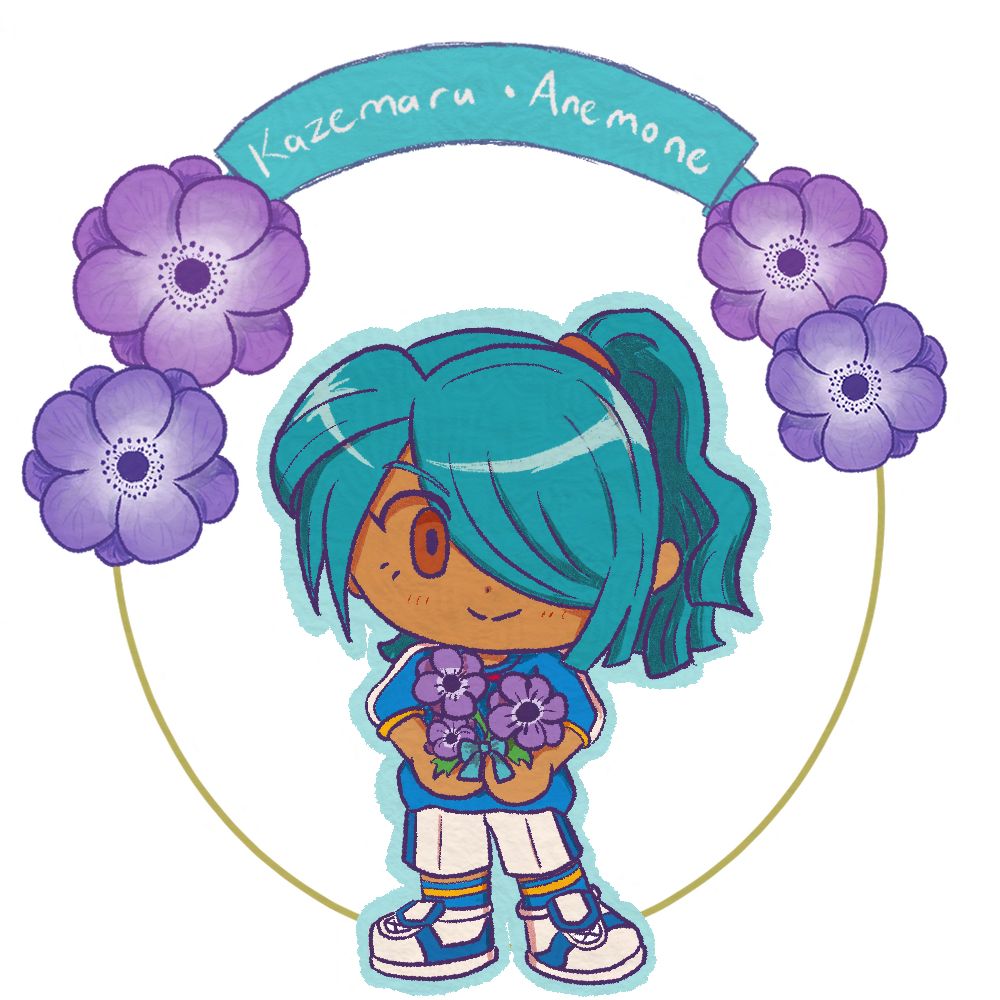 Chibi of Kazemaru Ichirouta from Inazuma Eleven in Inazuma Japan uniform. He's standing while holding a bouquet of purple anemone flowers tied with teal ribbon. On the background is a ribbon with "Kazemaru & Anemone" written on it and four purple anemone flowers