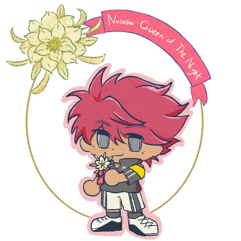 Chibi illustration of Nosaka Yuuma from Inazuma Eleven Ares no Tenbin. He's holding a queen of the night flower. On the background are a queen of the night flower and a ribbon with the text "Nosaka & Queen of The Night" written on it

Nightshade poison tag:
D:/Documents/art/nightshade\DEFAULTnosakaf6345390-b8b4-4bcd-b014-cf0c36977998-nightshade-intensity-LOW-V1.png: flower