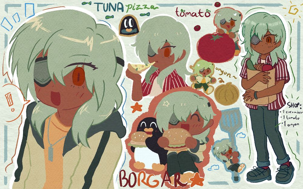 various drawings of sakuma in his casual outfit. clockwise from most left:

sakuma smiling, areori sakuma eating a tuna pizza, chibi sakuma and a oversized tomato, chibi sakuma chasing an oversized onion, fullbody areori sakuma holding a bag of grocery containing: a cucumber, an onion, and a tomato, chibi sakuma clinging on a giant spatula, chibi sakuma eating a burger and a penguin eating a fish burger