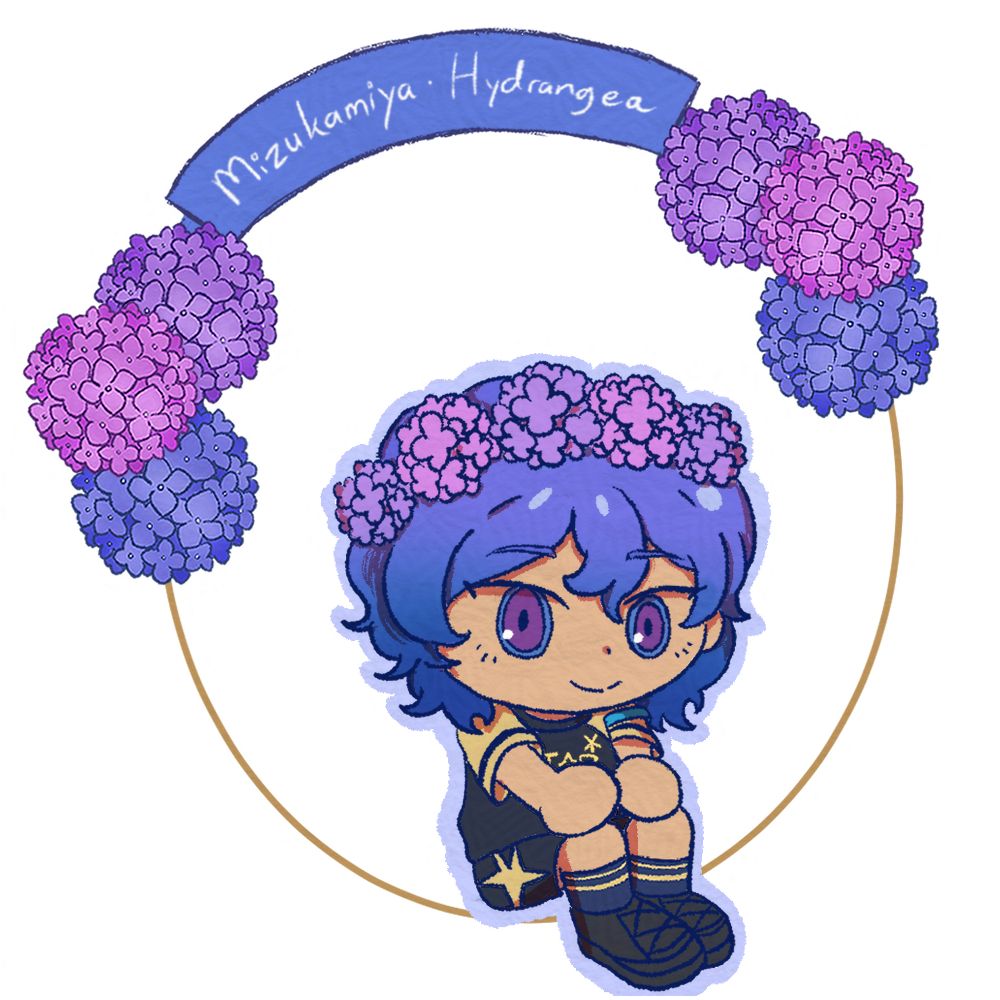 Chibi illustration of Mizukamiya from Inazuma Eleven Ares wearing Seishou's uniform, he's sitting while wearing a flower crown of pink and purple hydrangea flowers. On the background are pink, purple, and blue hydrangea flowers and a blue ribbon with the text "Mizukamiya & Hydrangea" written on it