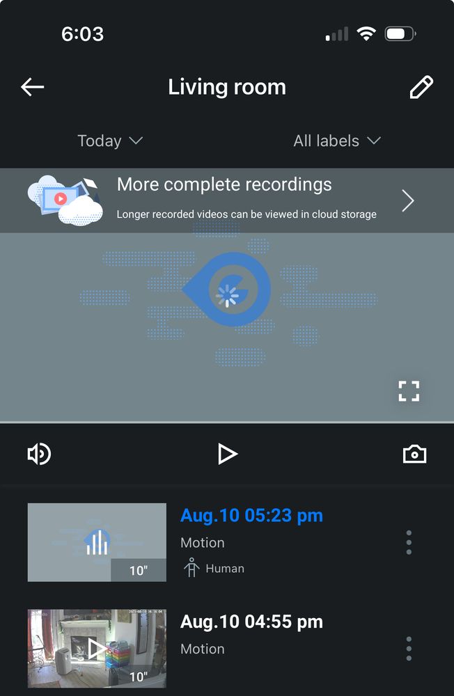A security camera feed on a phone screen. It shows two recordings. A normal one at 4:55 and a corrupted one at 5:23 that says it captured human motion. 