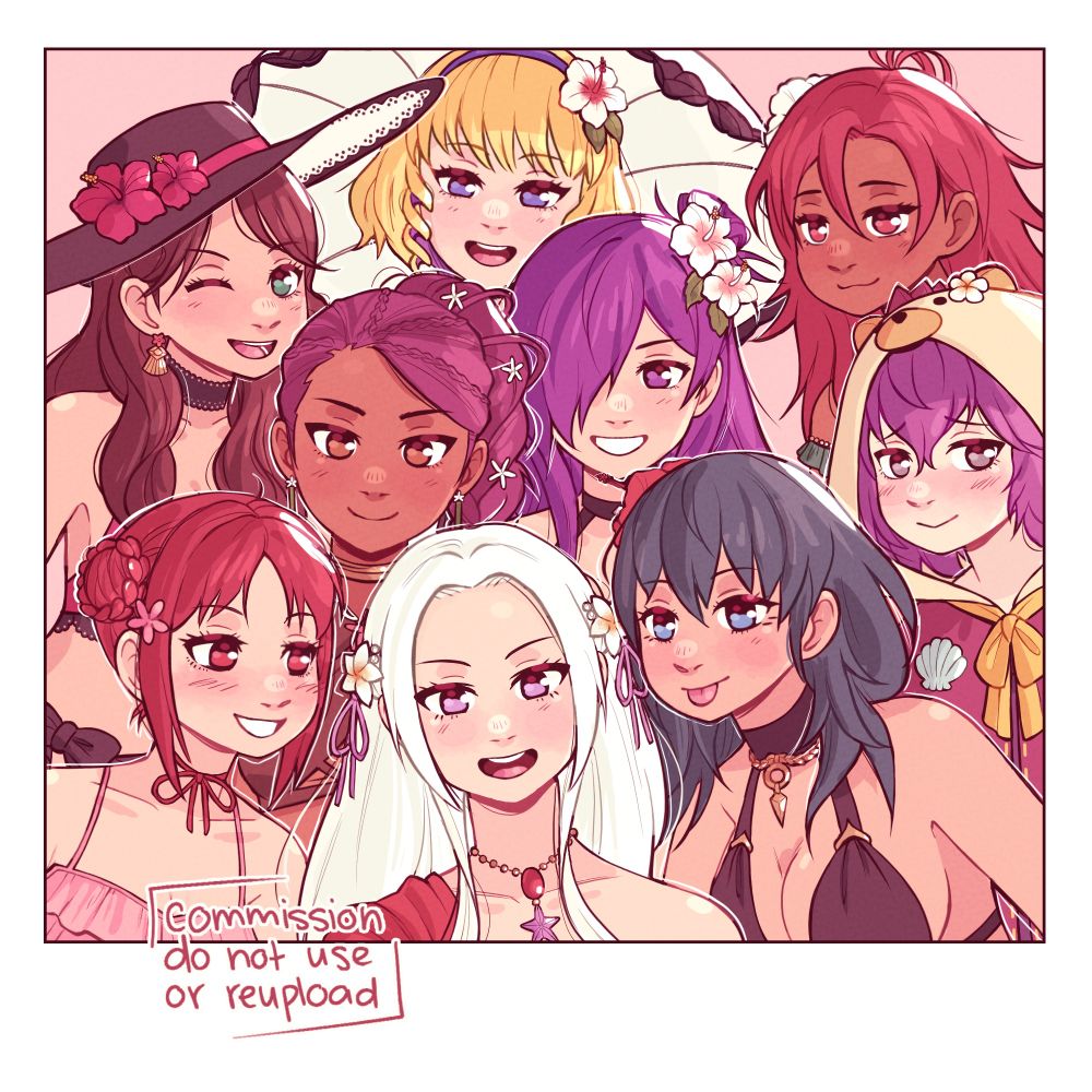 Monica, Edelgard, (fem) Byleth, Petra, (fem) Shez, Bernadetta, Dorothea, Constance, and Hapi taking a group picture with them in their bathing suits.