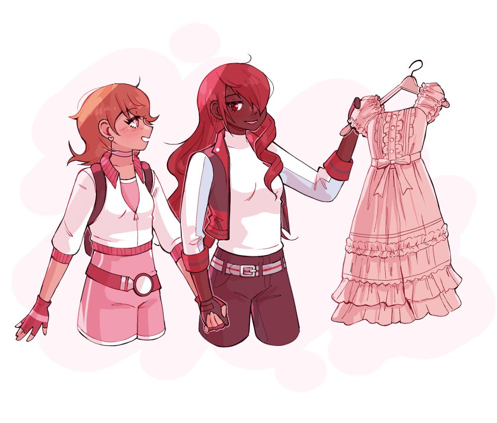 Yukari and Mitsuru smiling and holding hands. Mitsuru is holding a pink ruffle dress.