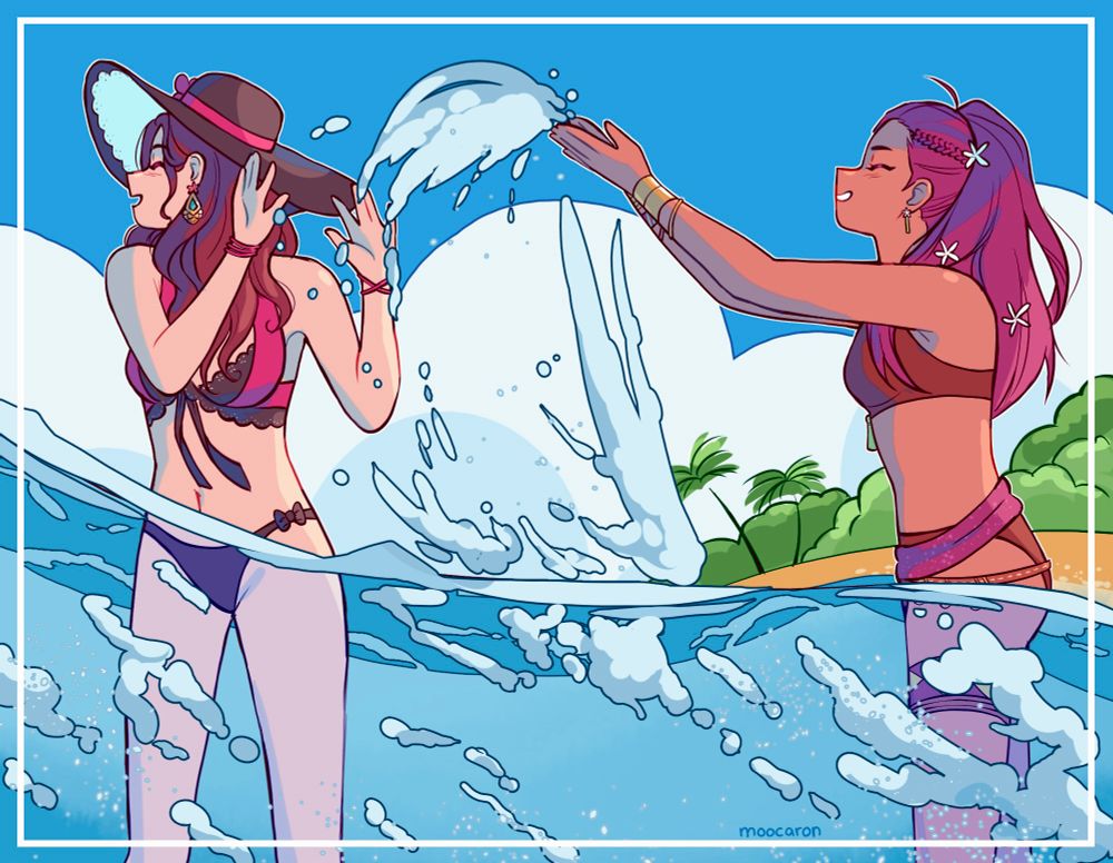 Dorothea and Petra in the ocean, where Petra is playfully splashing Dorothea with water.