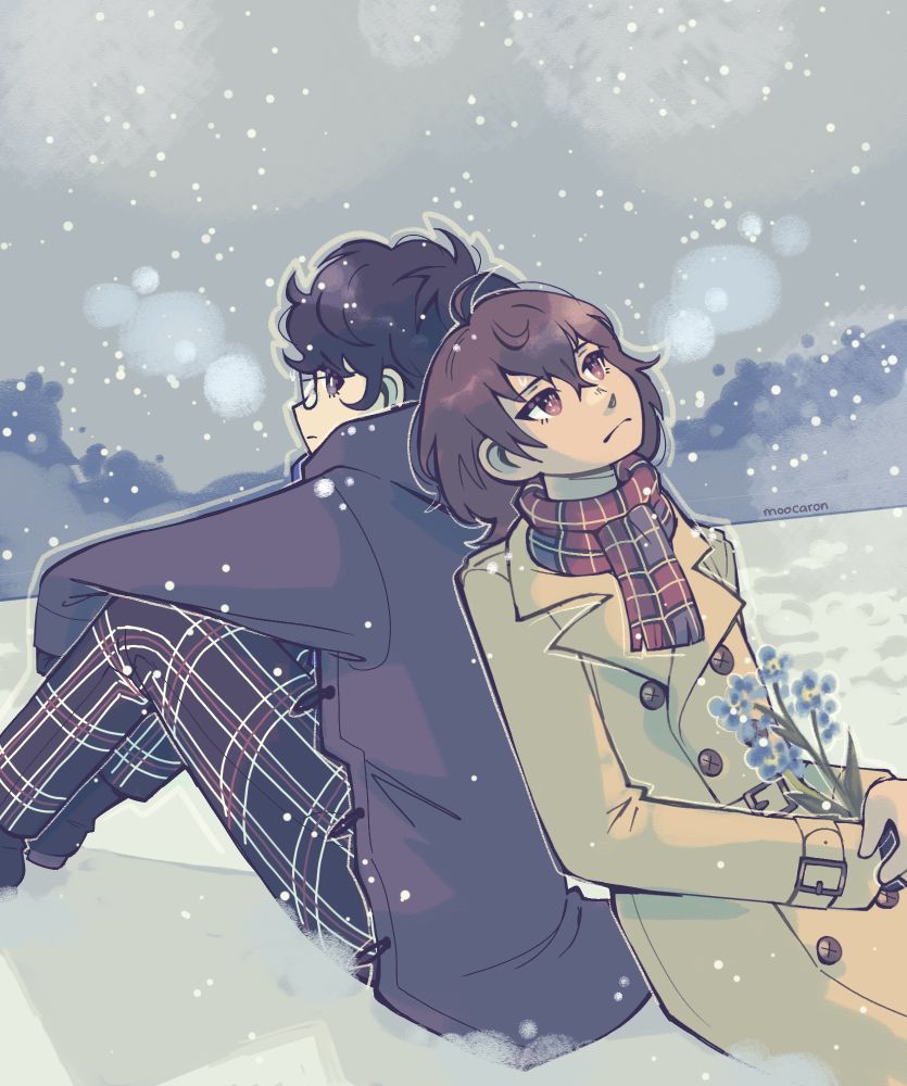 Persona 5 protagonist and Goro back to back, sitting in the snow. Goro is looking into the distance while holding forget-me-not flowers and the protagonist is looking back at him.