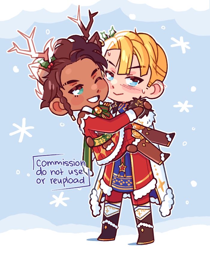 Dimitri and Claude in their Christmas outfits. Dimitri looks flustered and is carrying Claude.