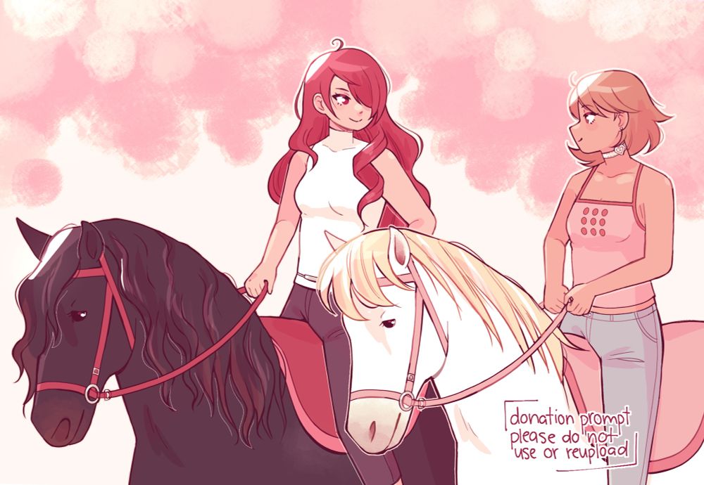 Mitsuru riding on a black horse and Yukari riding on a white horse.