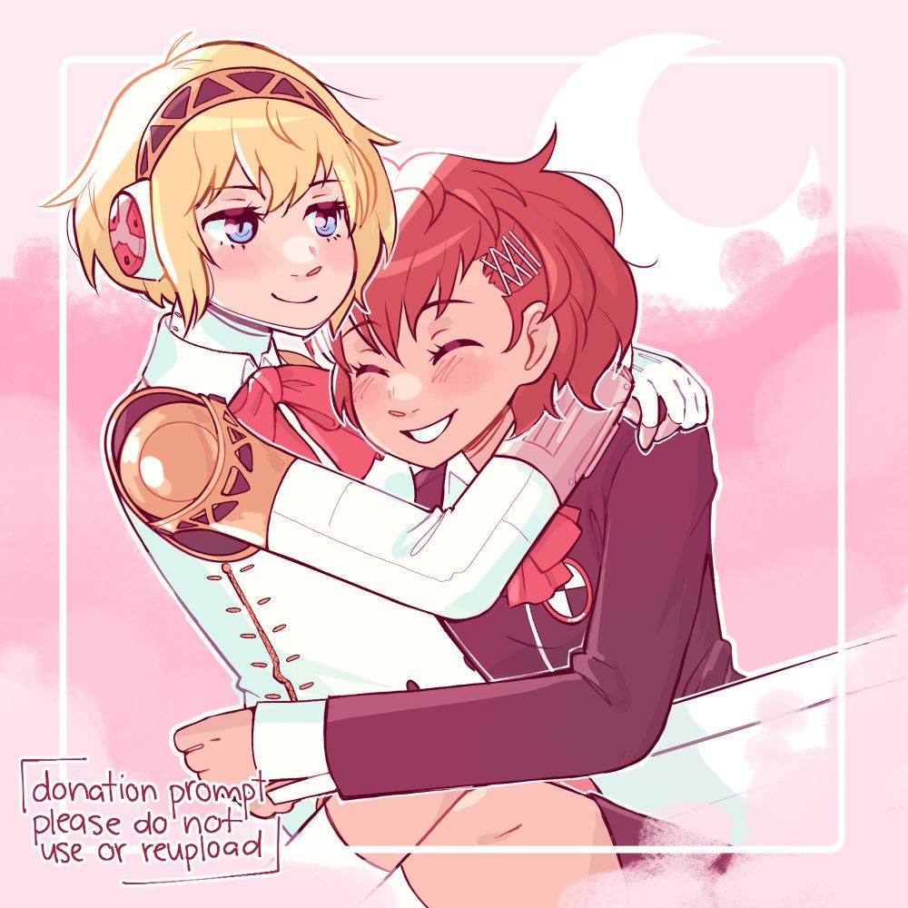 Aigis sitting on Persona 3’s female protagonist’s lap. They are smiling and hugging each other!!