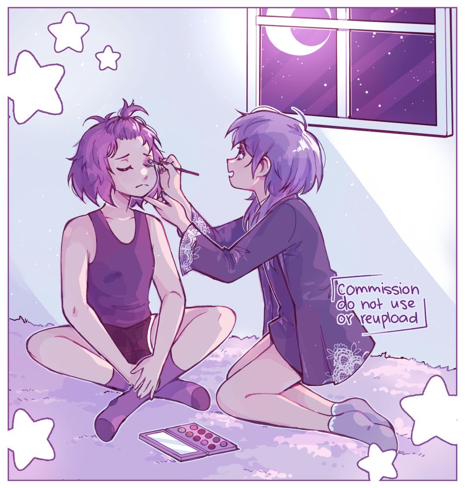 Yuri doing Bernadetta’s eyeshadow while they both sit on the floor. There is a window with the moon out in the background.
