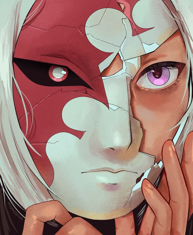 Edelgard wearing a broken Flame Emperor mask with one of her eyes peeking through the crack.