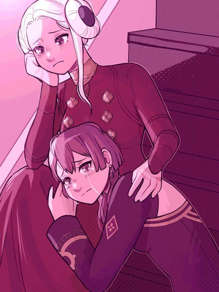 Bernadetta’s head is resting on Edelgard’s lap. Bernadetta is crying and Edelgard is comforting her with a hand on her shoulder.
