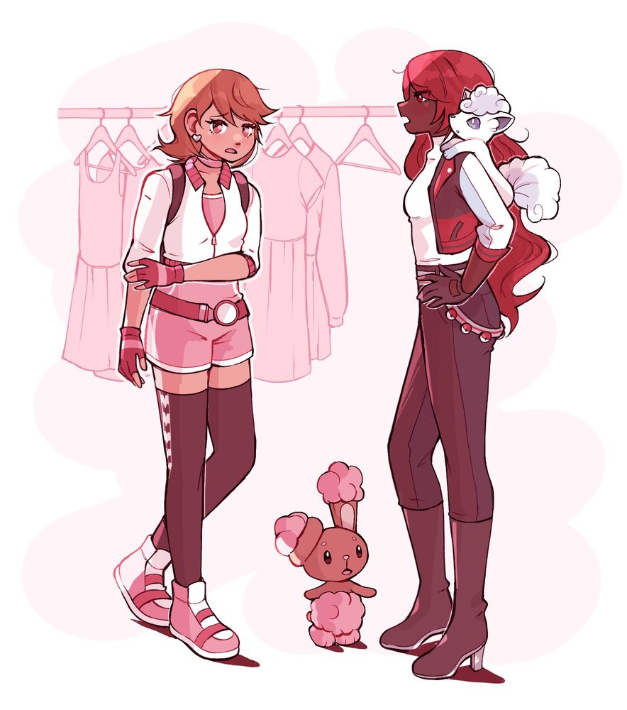 Mitsuru, with her hand on her hip, chastising Yukari. Mitsuru has an alolan vulpix on her shoulder and Yukari’s shiny buneary is standing between the two of them.