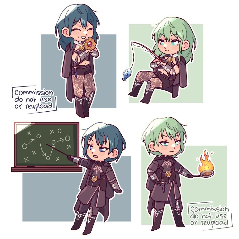 Four pictures of Byleth, with each doing different tasks. The first Byleth is holding a cookie with a bite taken out of it, the second one is fishing, the third is pointing at a blackboard, and the last Byleth is holding a frying pan with fire coming out of it.