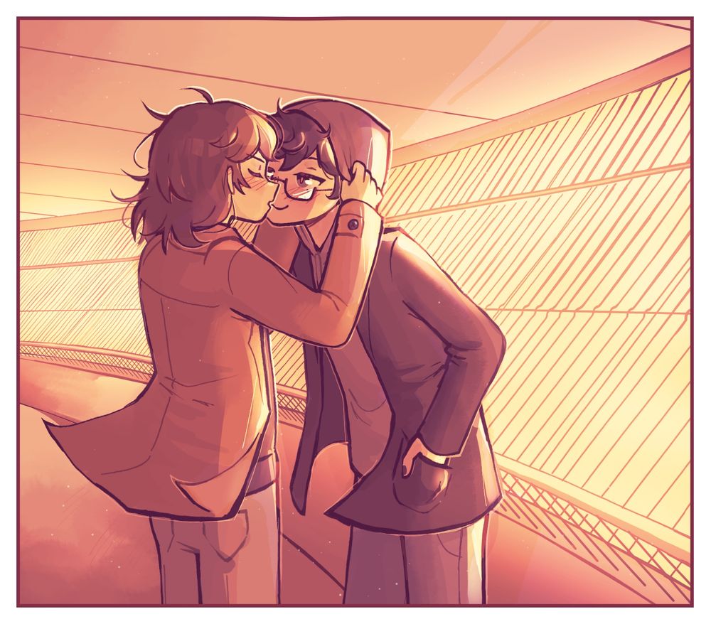 Goro pulling Akira in by his hood for a kiss.