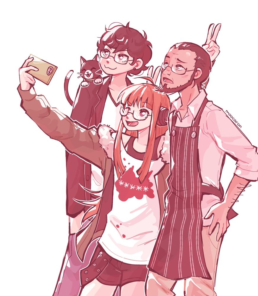 Futaba taking a phone selfie with Akira (who has Morgana on his shoulder) and Sojiro on each of her sides. Akira is giving Futaba bunny ears while Futaba is giving Sojiro bunny ears with their fingers.