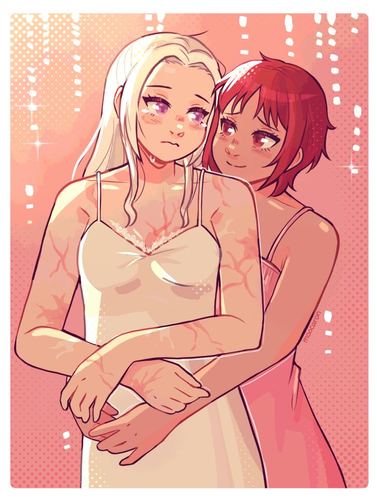 Monica hugging Edelgard from behind.