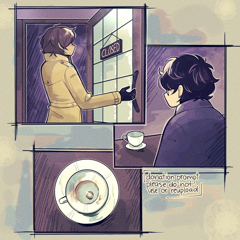 Akechi leaving LeBlanc in the first panel. Akira looking into a coffee cup in the second panel. And the third panel shows the inside of the empty cup, with only a ring left inside.