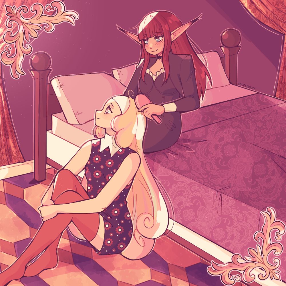 Hulkenberg sitting on a bed brushing Junah’s hair, who is sitting beside her on the floor.