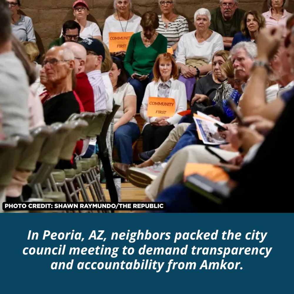 Photos of hundreds of people sitting in chairs at city council. In the center of the image is a woman with short red heair holding a sign that says "community first."