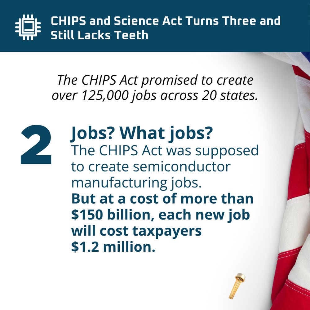Image of components of chips and the USA flag folded on the right side. Text says: The CHIPS Act promised to create over 125,000 jobs across 20 states. Jobs? What jobs? 
The CHIPS Act was supposed to create semiconductor manufacturing jobs. But at a cost of more than $150 billion, each new job will cost taxpayers  $1.2 million.
