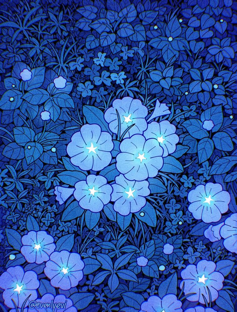 A detailed illustration of outdoor foliage, rendered in a blue monochrome pallete. The viewer is placed top-down, looking at small clusters of flowers that glow softly. The center of each flower features a tiny star that shines brightly. Near the bottom left corner has the artist's name signed "@evenlyevi"