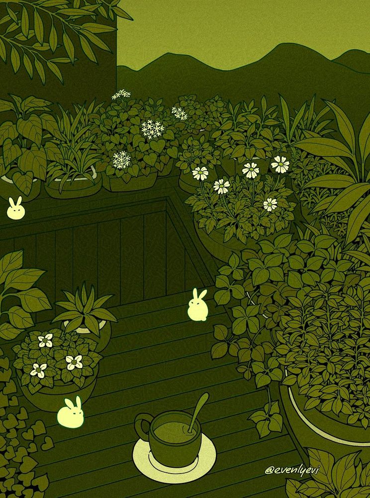 A detailed illustration of a small garden on a balcony, rendered in deep shades of green. Three tiny rabbits can be seen relaxing on the wooden surface, the area is filled with many potted plants. A small table with a cup of green tea sits at the bottom center of the composition. The view beyond the garden is of a green cloudless sky and some mountains.