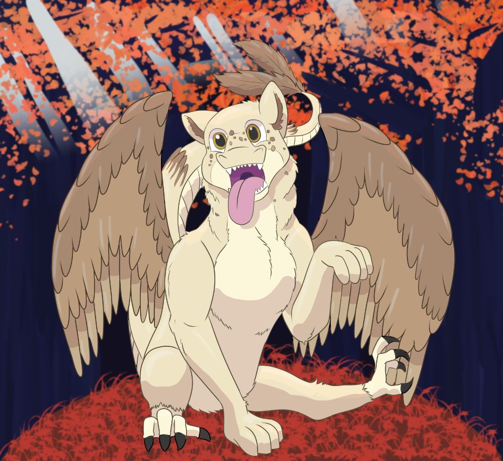 A smiling, goofy, cream-colored chimera with brown spots and wings in a forest of blue wood and red/orange leaves, sitting on a hill with red grass
