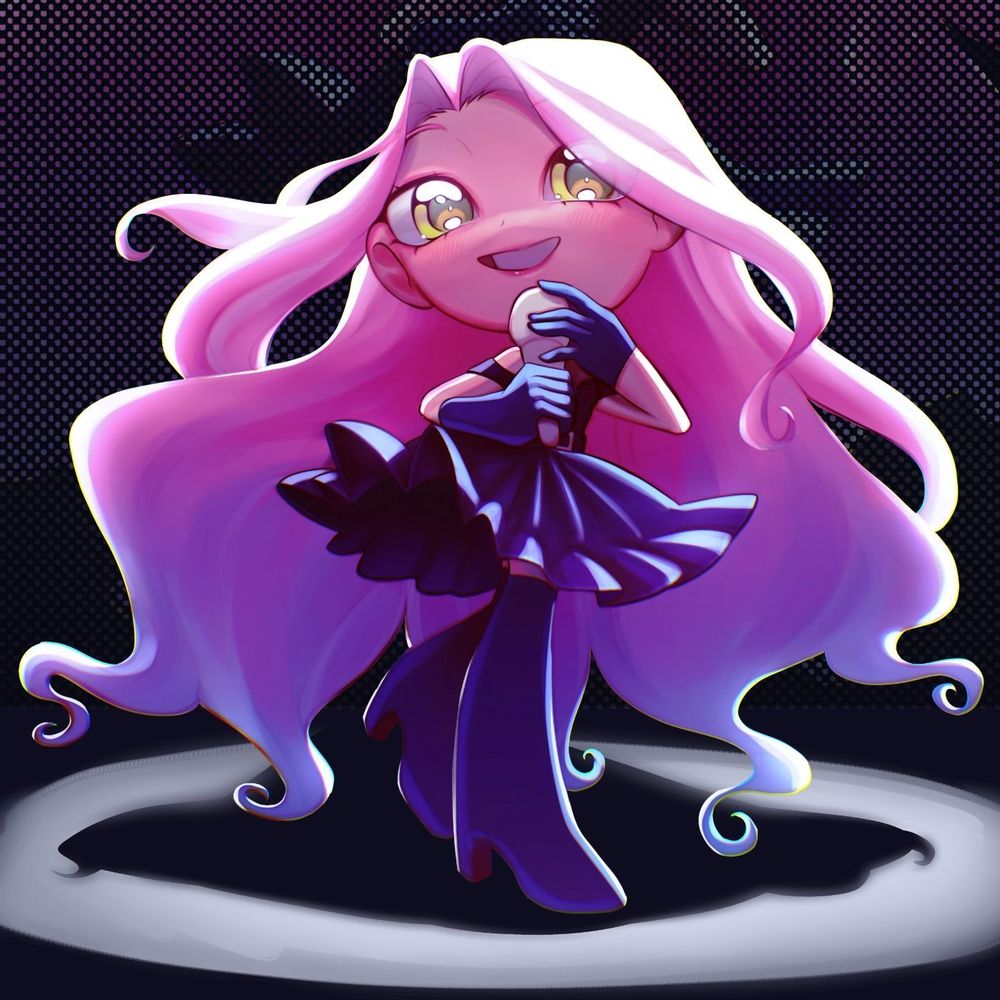 A chibi illustration of Mizi from Alien stage singing and performing on stage.  She wears a frilly black dress and has long hair coloured in a gradient from bubblegum pink to light blue