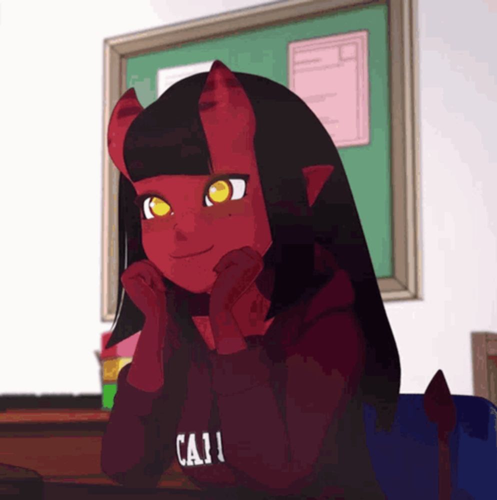 a girl with horns is wearing a red sweater that says ca11