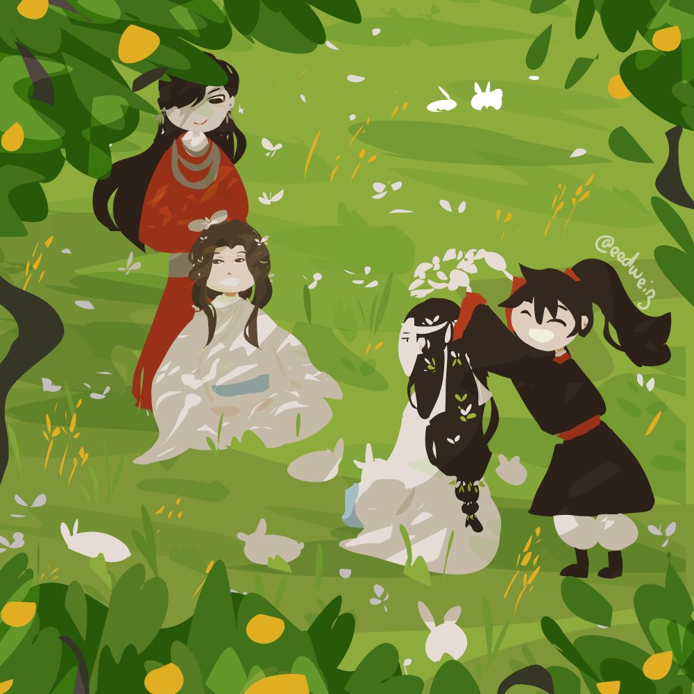 Hua Cheng and Wei Wuxian putting flowers on the head of Lan Wangji and Xie Lian
