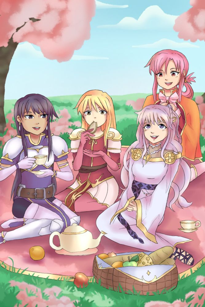Ayra, Lachesis, Deirdre, and Ethlyn from fire emblem genealogy of the holy war on a picnic blanket enjoying tea and snacks together under cherry blossom trees