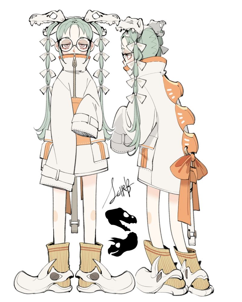 민트색 양갈래 머리를 한 소녀 전신 그림 
전반적으로 졸린 듯한 표정을 하고,몸에는 힘이 없어 축 처져 있다. 

베이지와 귤색으로 이루어진 점퍼는 목폴라가 입을 가릴 정도로 크고, 
소매도 길어서 전반적으로 오버핏을 하고 있음. 
등 뒤에는 척추선을 따라 스테고사우르스 골판 장식이 달려 있음. 

양갈래를 묶고 있는 리본은 티라노 사우르스의 뼈모양이고, 
아이보리 크록스는 트리케라톱스의 뼈모양에서 따왔다. 
