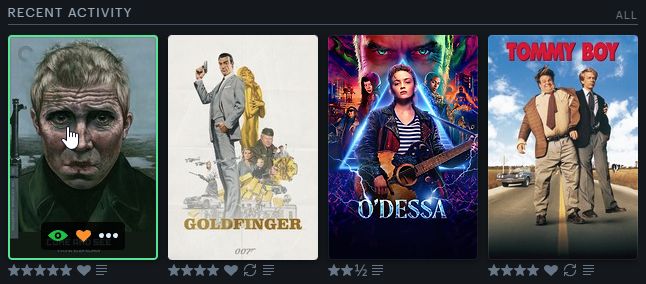 Last four movies watched on Letterboxd:

1. Come and See (5/5 stars)
2. Goldfinger (4/5 stars)
3. O'Dessa (2.5/5 stars)
4. Tommy Boy (4/5 stars)